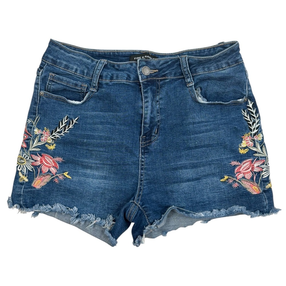 Y2K Floral Denim Shorts Womens 7 Fire & Rain Embroidered Boho Frayed Hem Cutoff